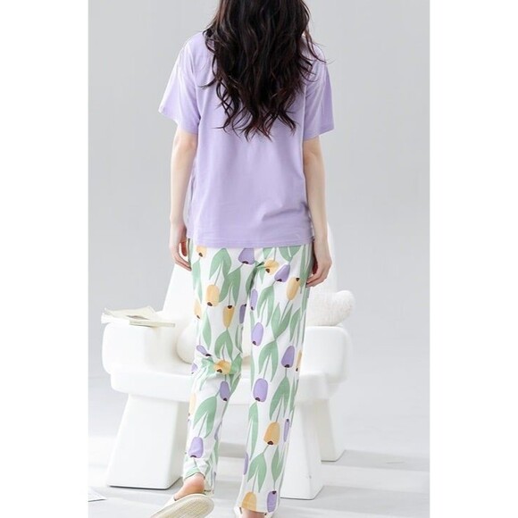 100% Cotton Women Pajama Set Short Sleeve Pullover Top Soft Purple S M L - Picture 7 of 10